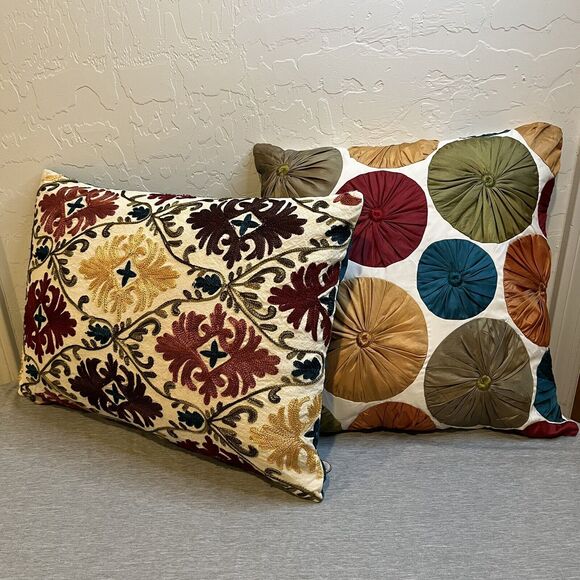 Pier 1 Imports Other - Pier One Imports Pair Embroidered Throw Pillows Zippered 15" X 15" & 13" X18"